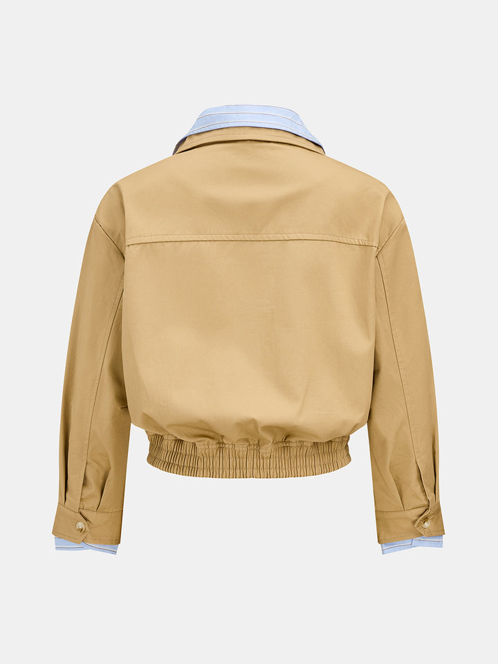 Back view of the camel cropped bomber jacket with elasticated hem and yoke seam