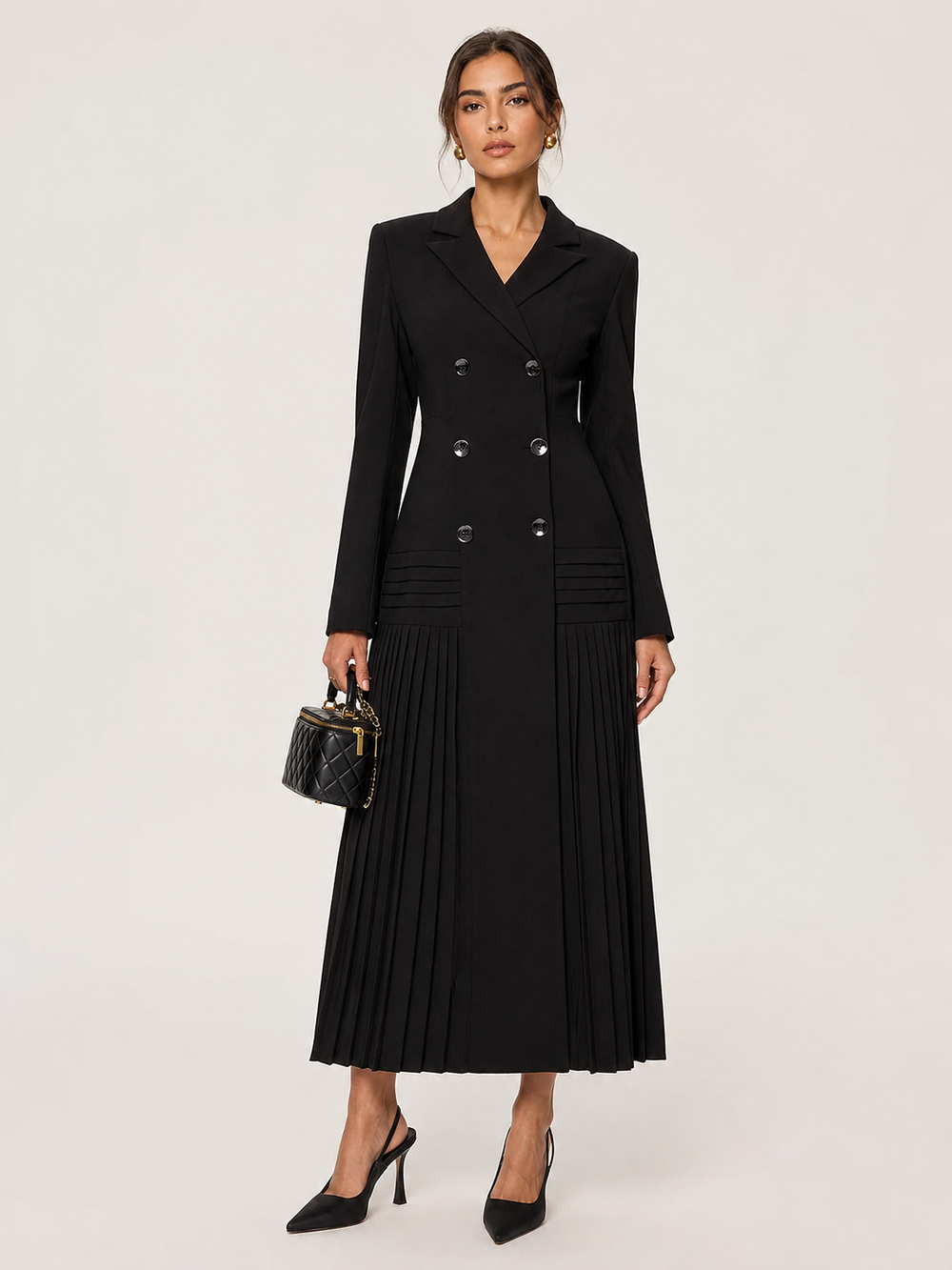 Pleated Hem Double-Breasted Blazer Coat — women's blazers, back view