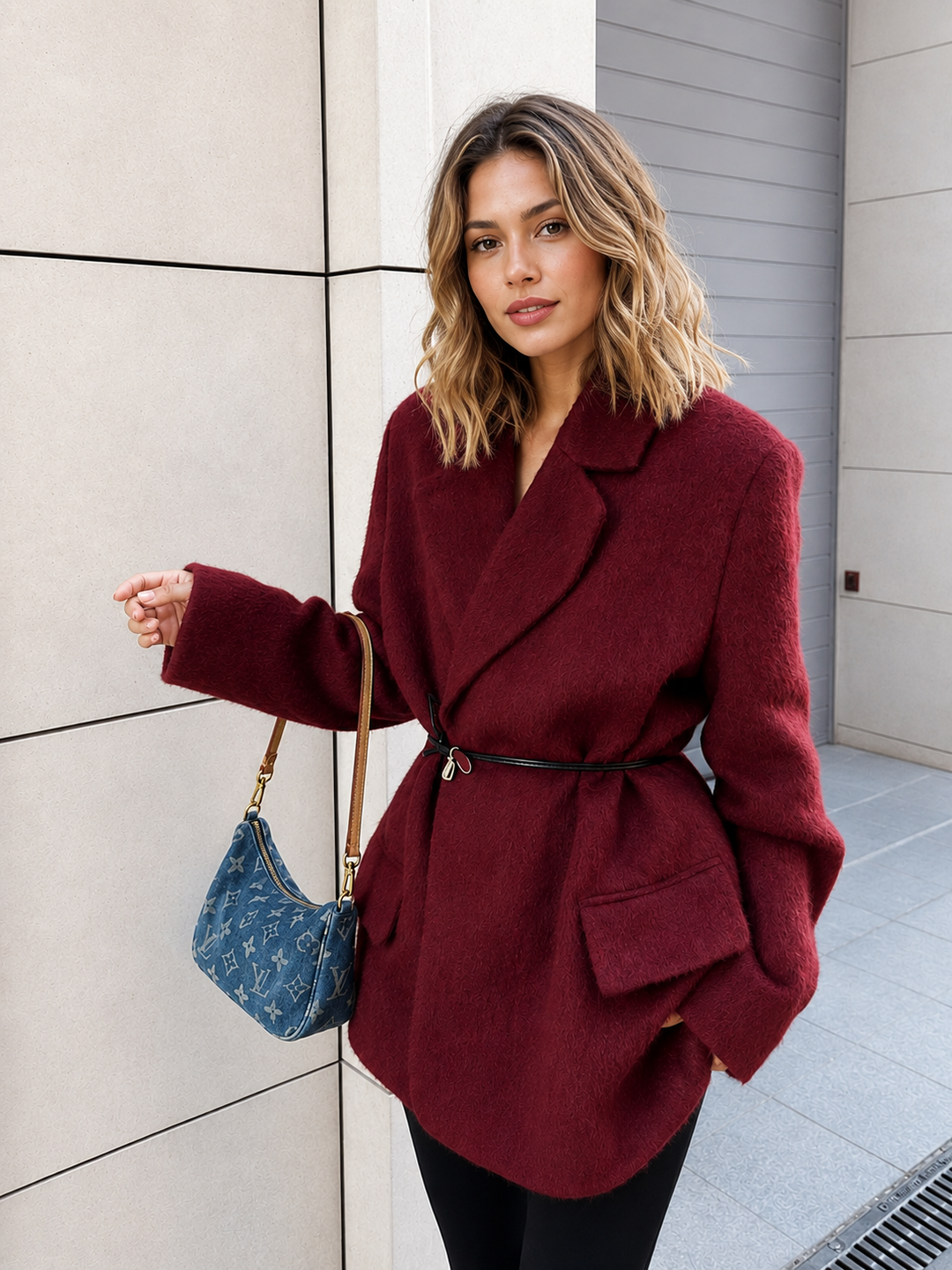 Wool-Blend Belted Blazer With Shoulder Pads — women's blazers, front view