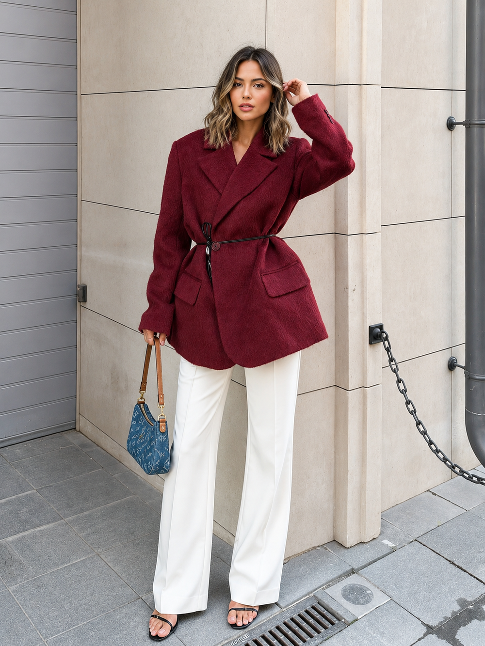 Wool-Blend Belted Blazer With Shoulder Pads — women's blazers, back view
