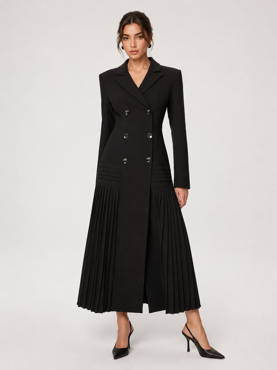 Pleated Hem Double-Breasted Blazer Coat — women's blazers, front view