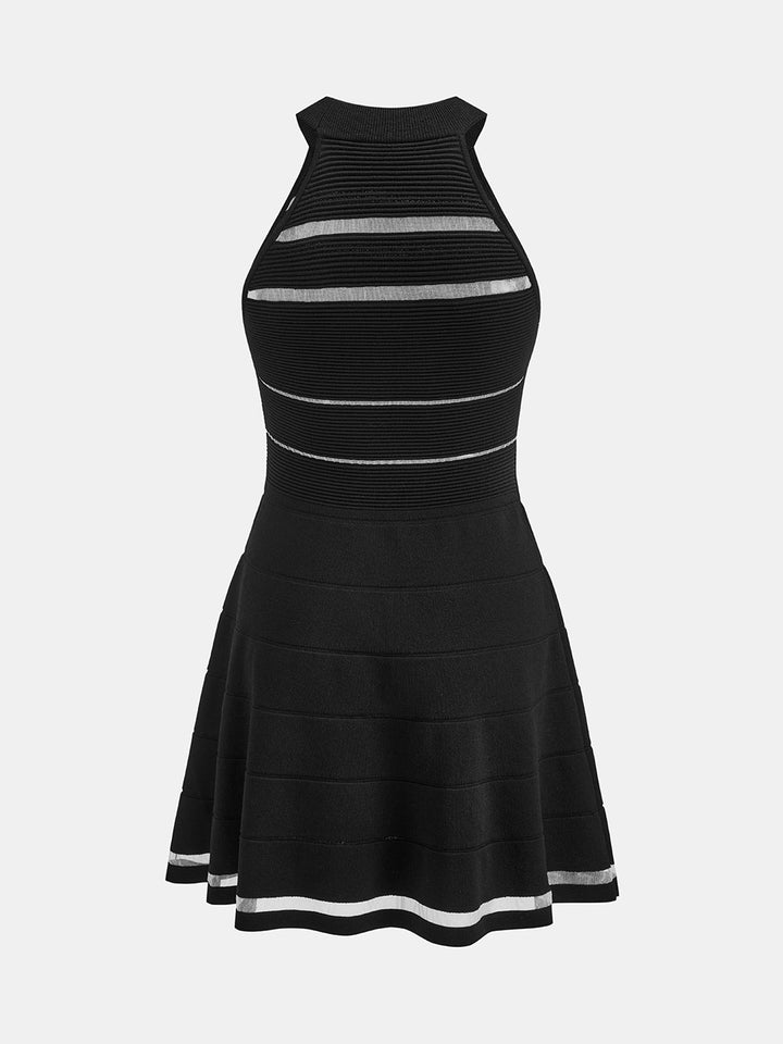 Halter Sheer Panel Fit Flare Dress