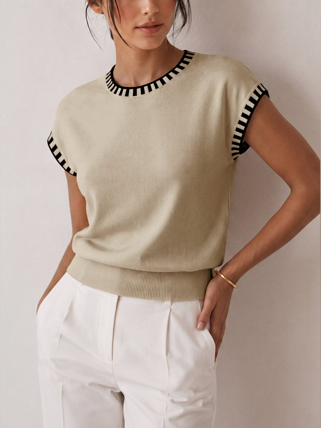 Contrast Trim Cap Sleeve Knit Top - women's knit top, back view