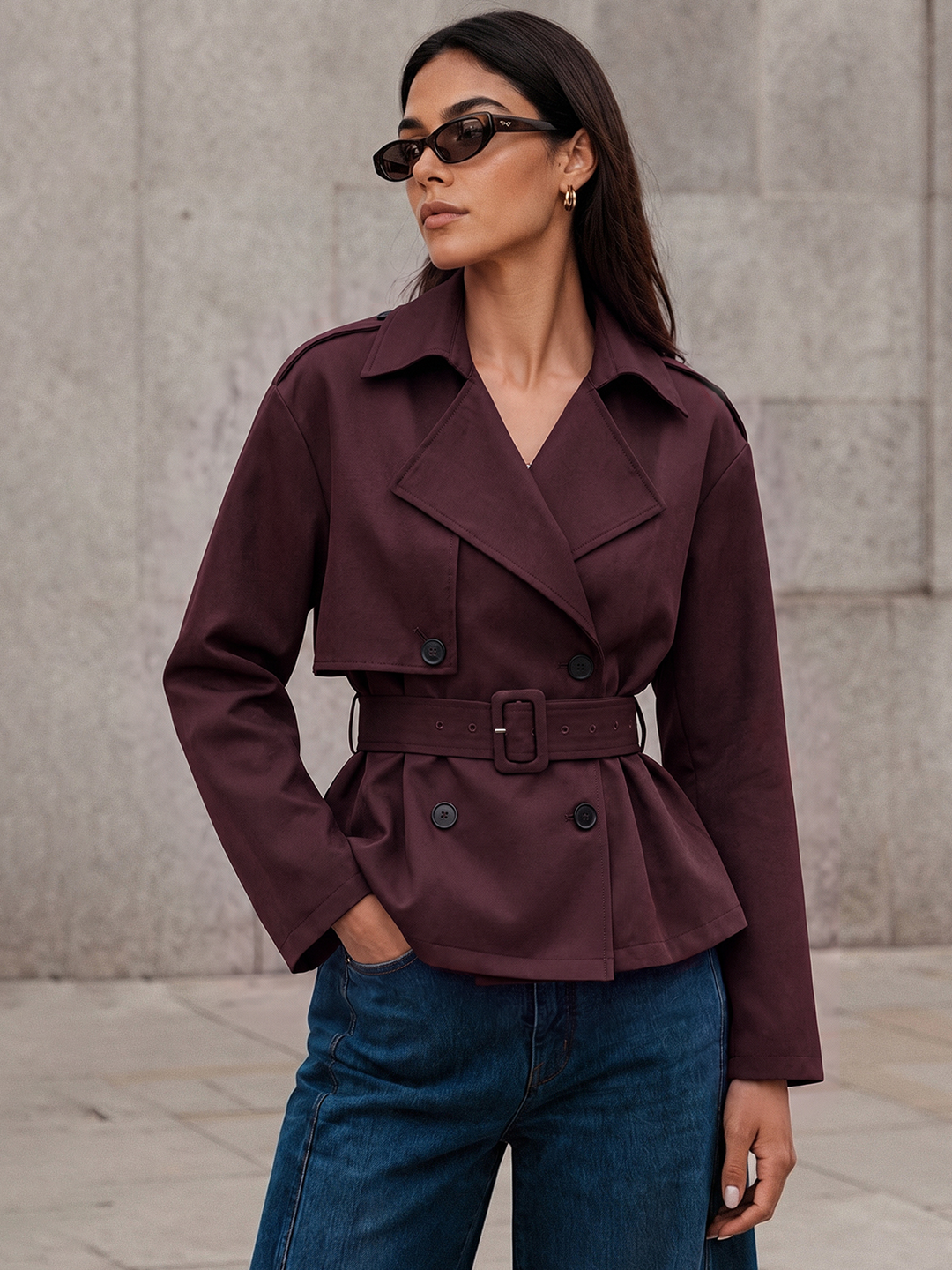 Double‑Breasted Belted Trench Jacket — women's trench coats, front view