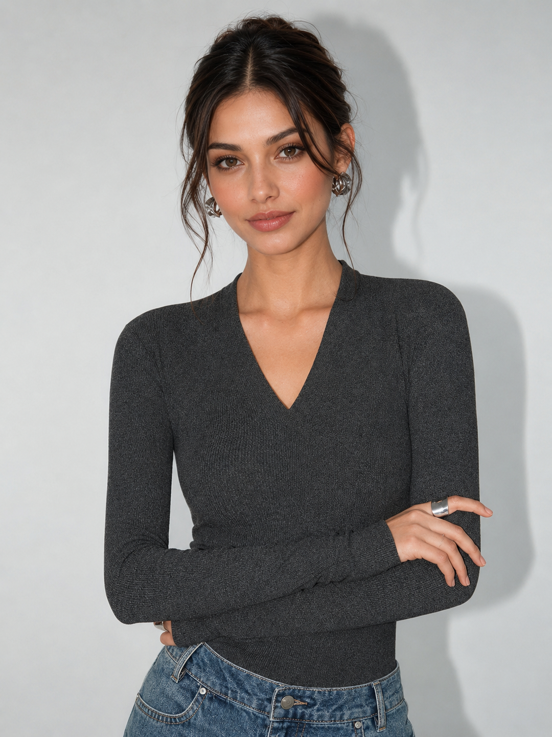 V-Neck Bodycon Jersey T-Shirt - women's top, detail close-up