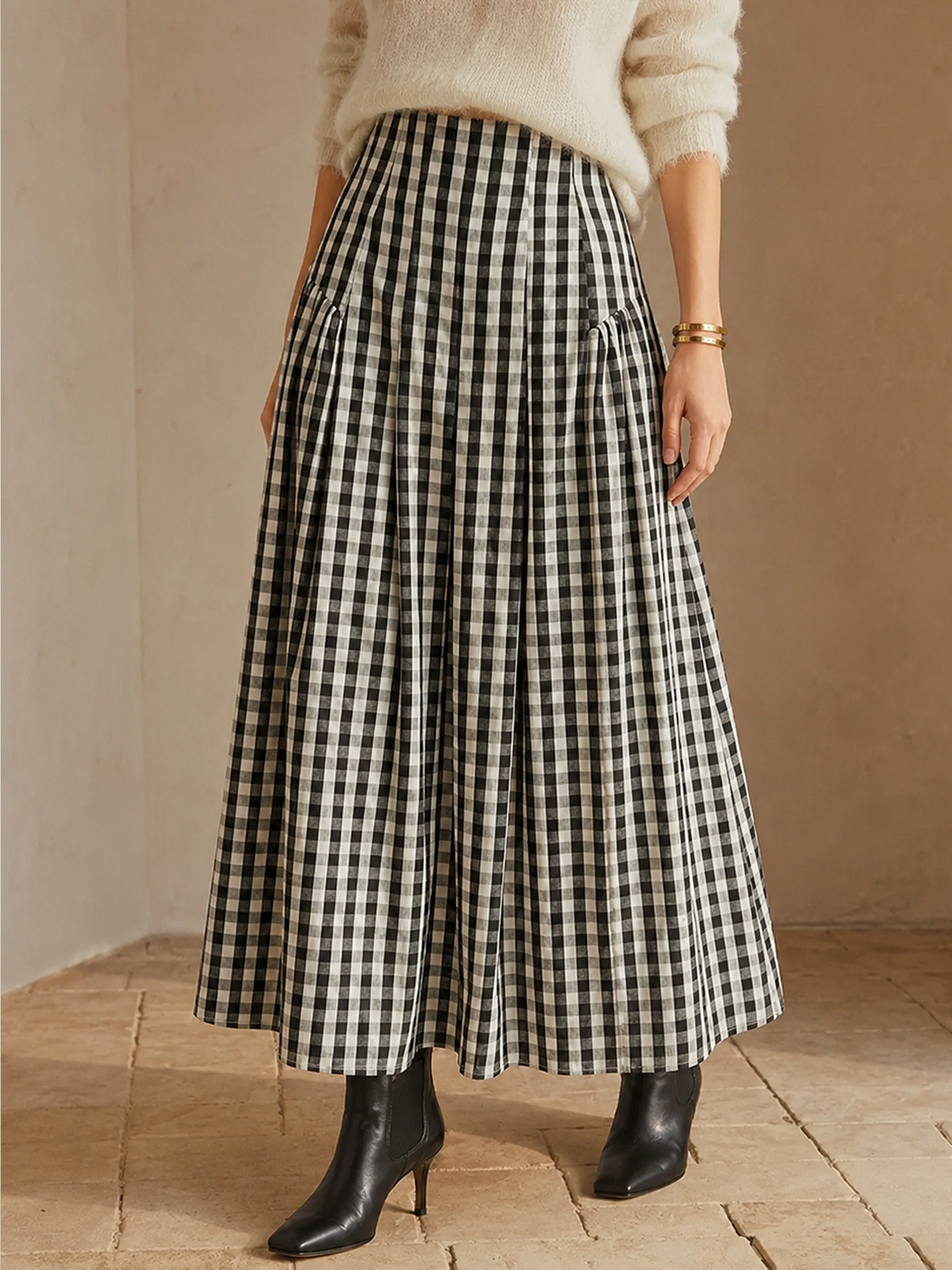 Gingham High-Waisted Pleated Midi Skirt — women's skirts, front view