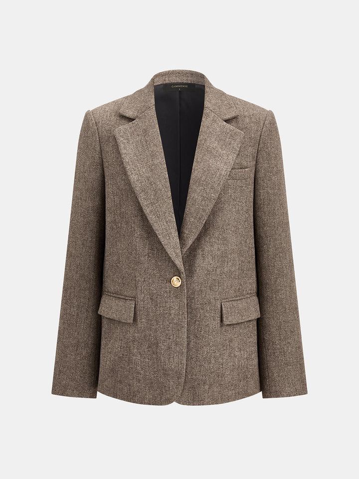 Herringbone Single Button Wool Blend Blazer