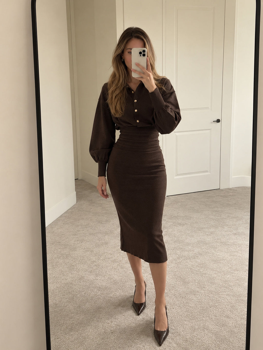 Cinched Waist Knit Shirt Dress - women's sweater dress, back view