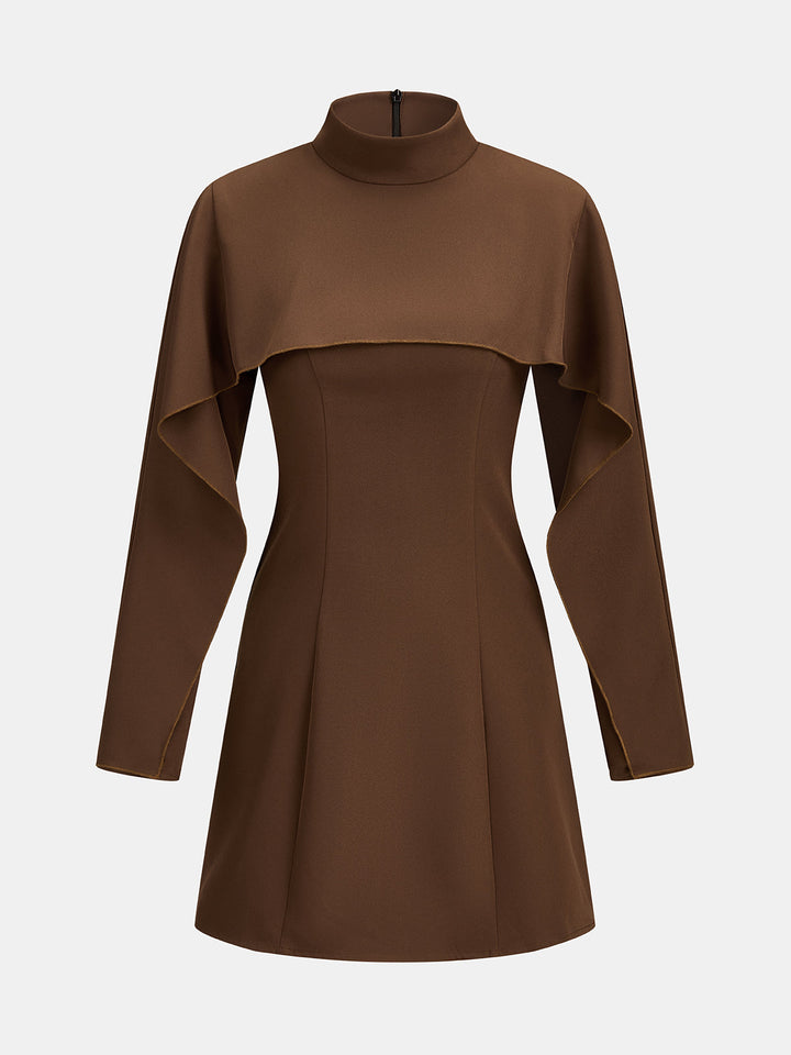 Stand Collar Cape‑Ruffle A‑Line Dress