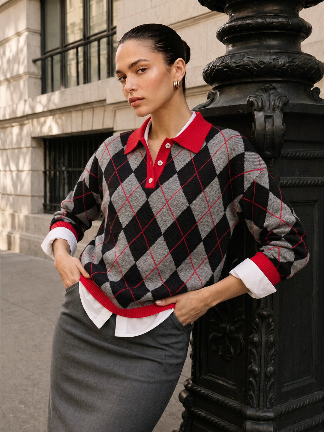 Contrast Polo Collar Argyle Wool Blend Sweater