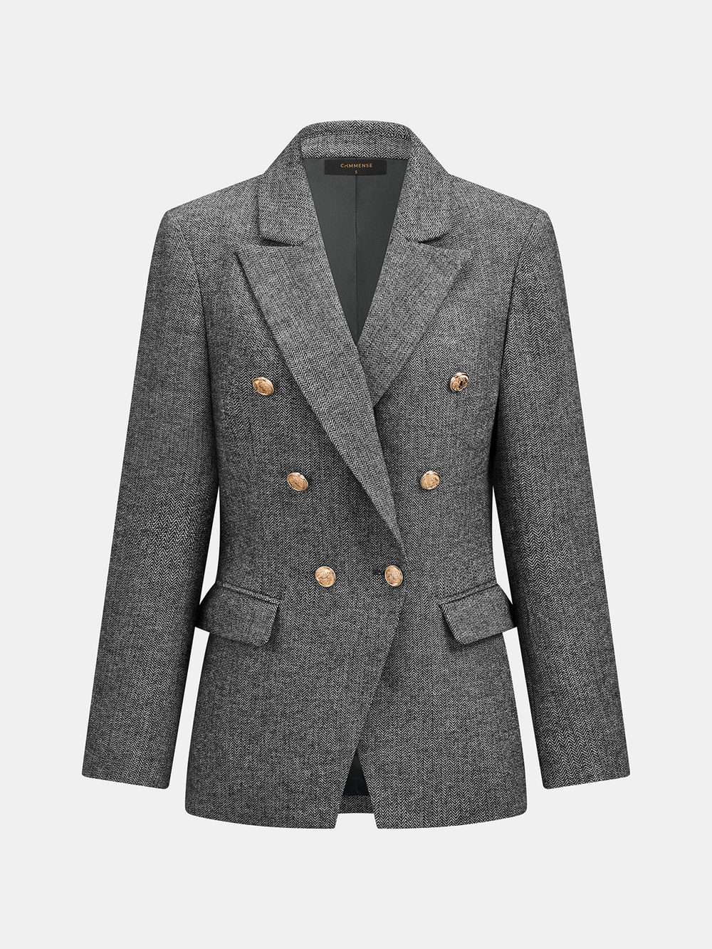 Herringbone Double‑Breasted Wool Blend Blazer — women's blazers, back view