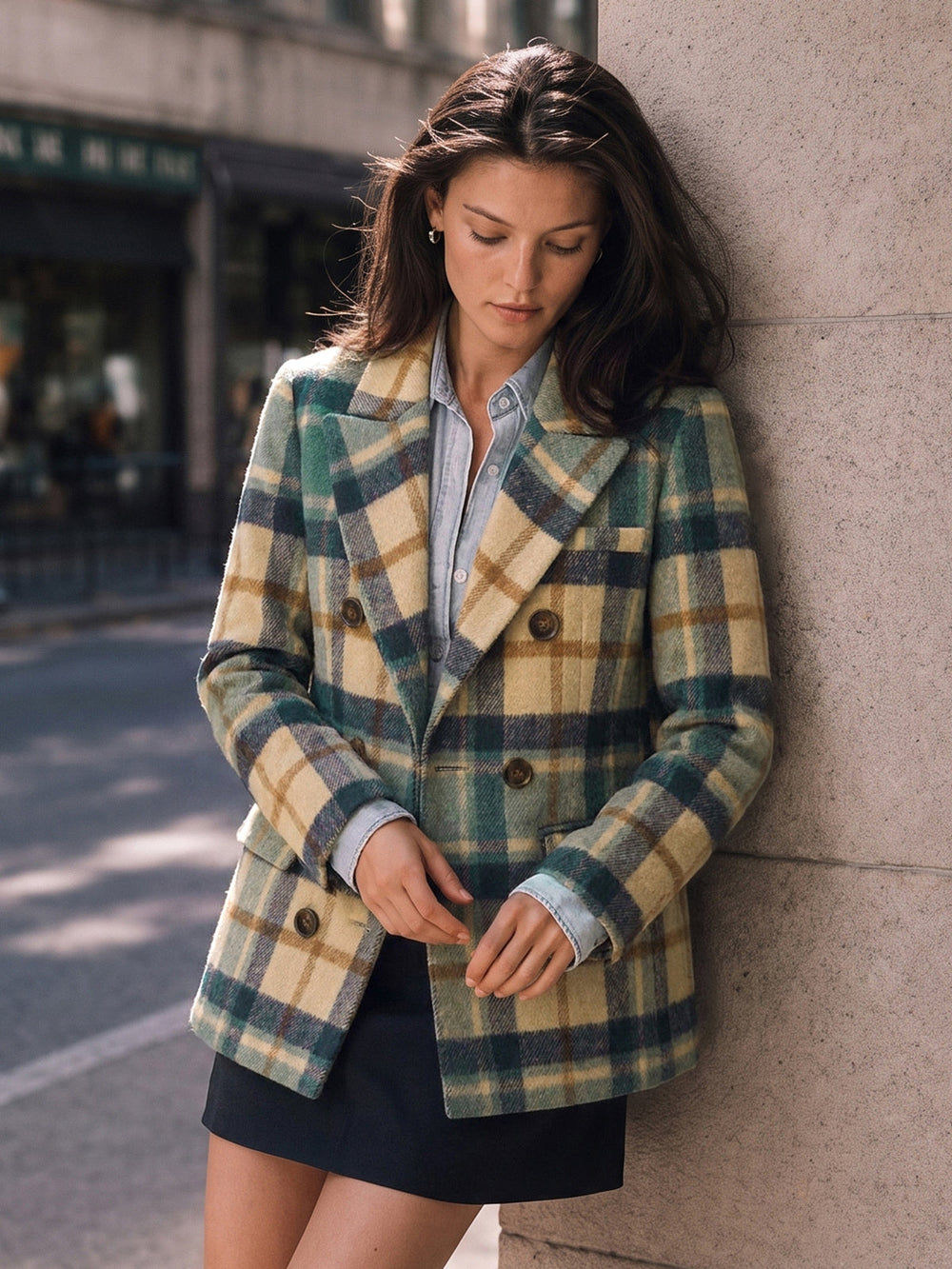 Multi‑Color Plaid Tailored Double‑Breasted Blazer — women's blazers, back view