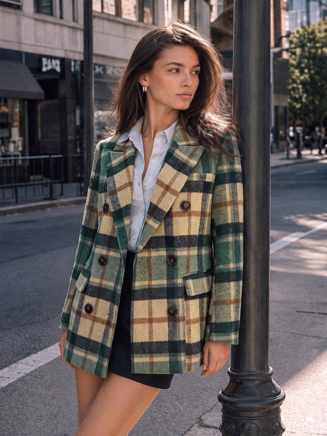 Multi‑Color Plaid Tailored Double‑Breasted Blazer — women's blazers, front view