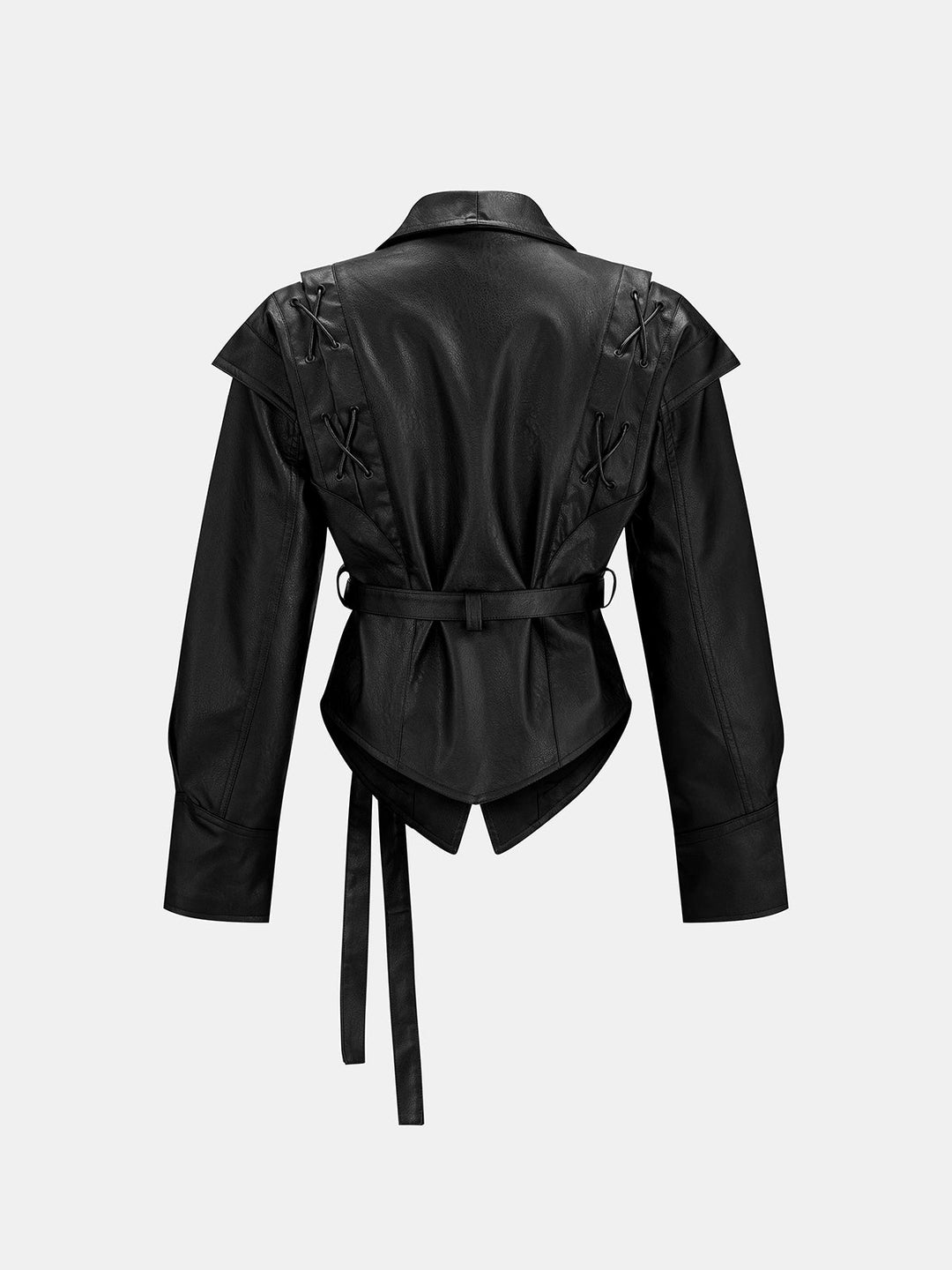 Back of the black belted leather jacket showing corset lacing across both shoulders