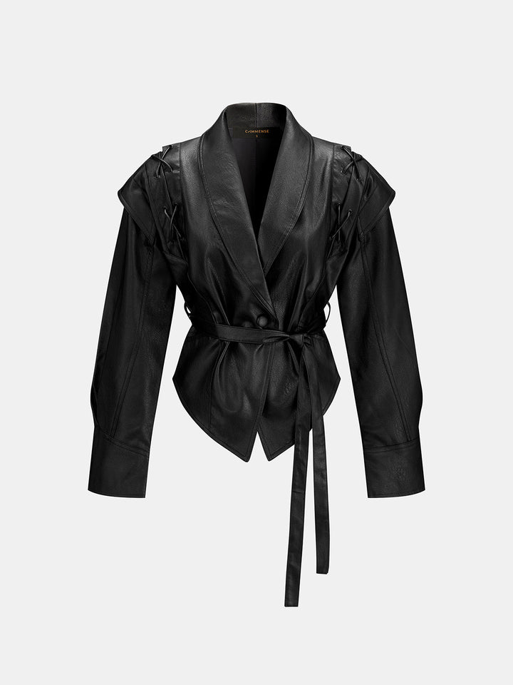 Front product shot of the black leather wrap jacket with shawl collar and tie waist