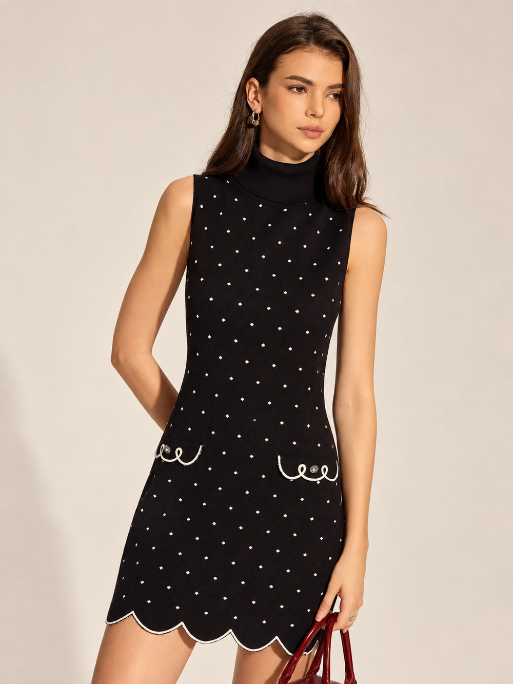 Polka Dot Scalloped Hem Knit Mini Dress — women's sweater dresses, back view