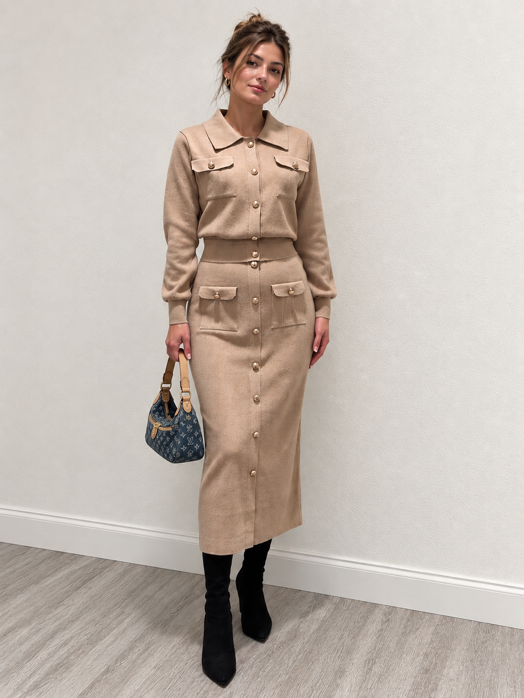 Metal Button Collared Cardigan and Midi Skirt Set - women's knit two-piece set, detail close-up
