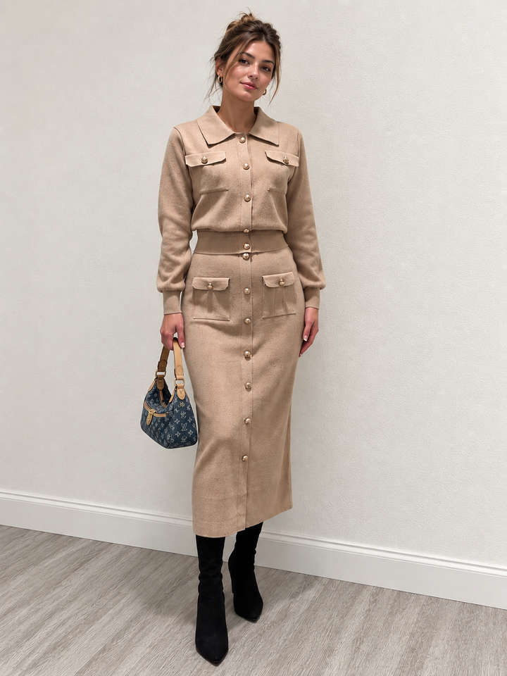 Metal Button Collared Cardigan and Midi Skirt Set - women's knit two-piece set, detail close-up