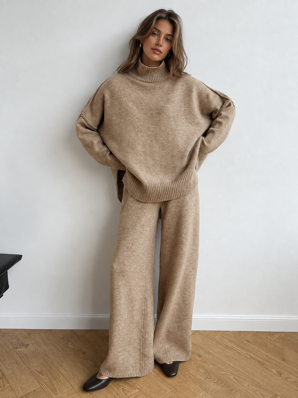 Plain Turtleneck Knit Pants Set — women's pant sets, back view