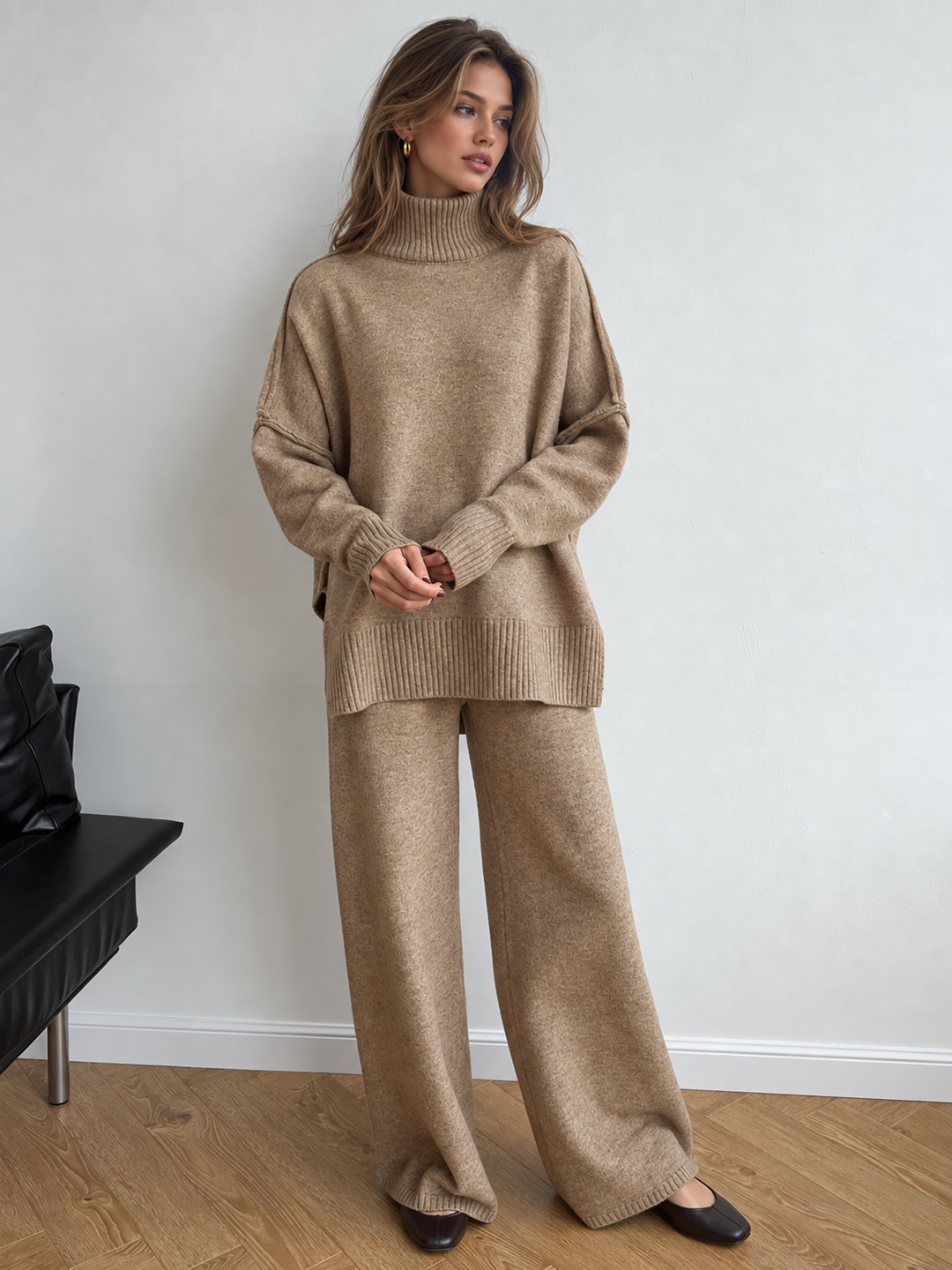 Plain Turtleneck Knit Pants Set - women's knit two-piece set, detail close-up
