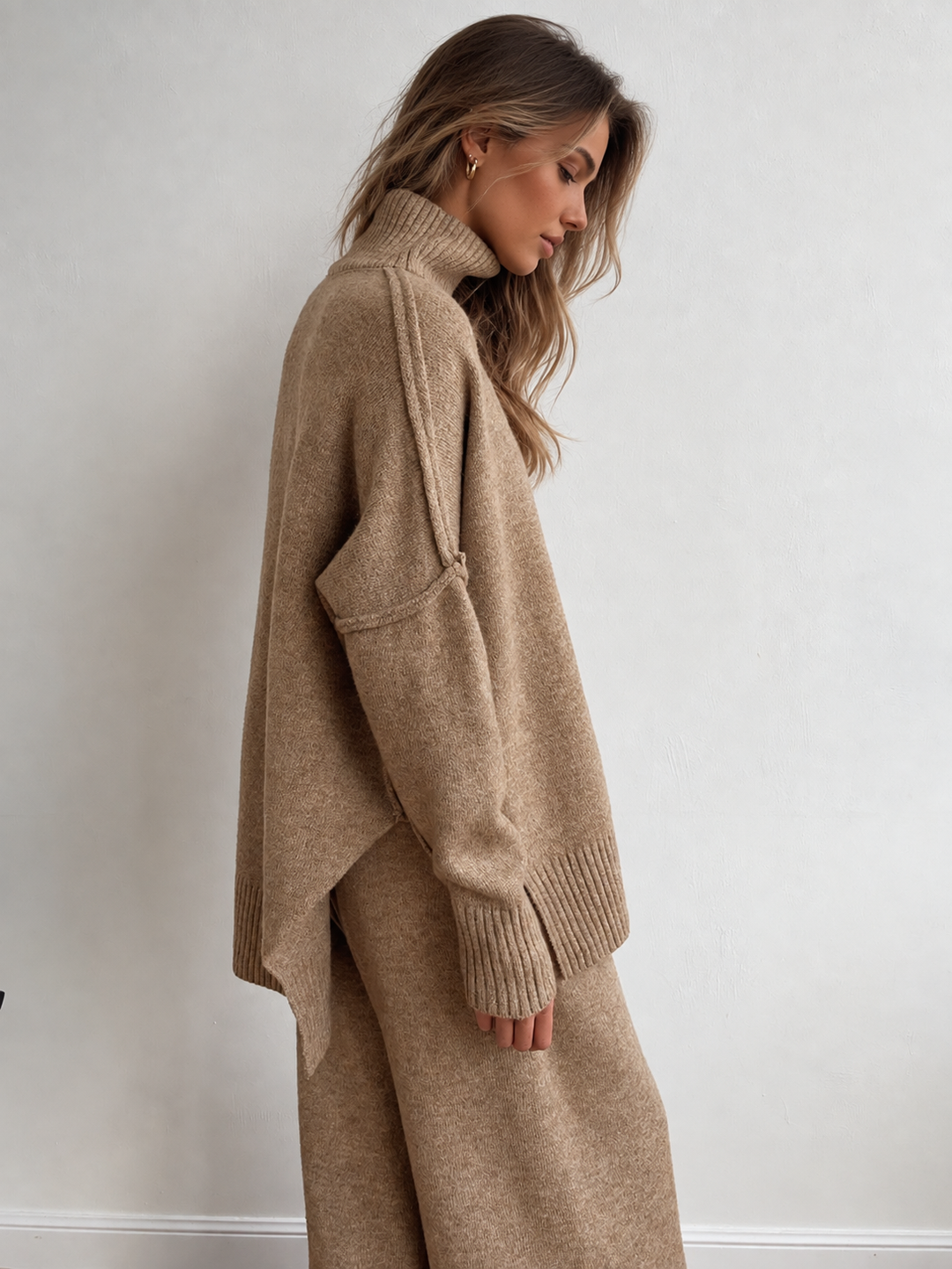 Plain Turtleneck Knit Pants Set - women's knit two-piece set, full-length styled look