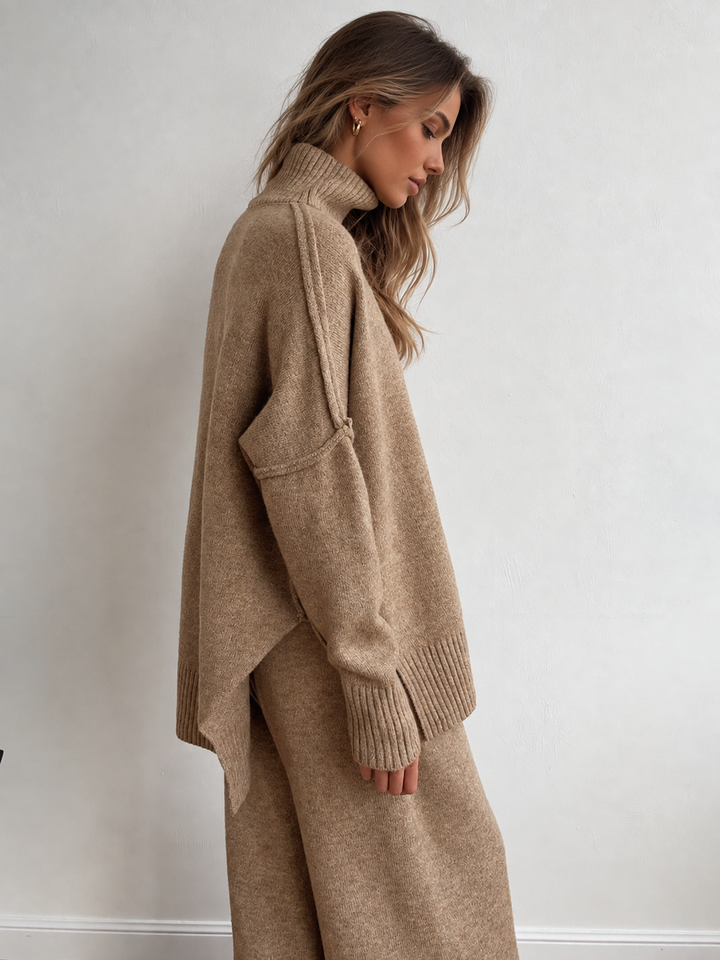 Plain Turtleneck Knit Pants Set - women's knit two-piece set, full-length styled look