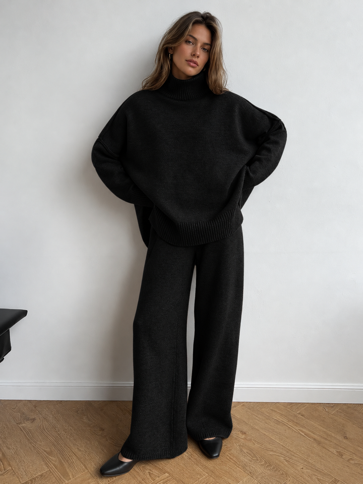 Plain Turtleneck Knit Pants Set - women's knit two-piece set, model wearing it, three-quarter view