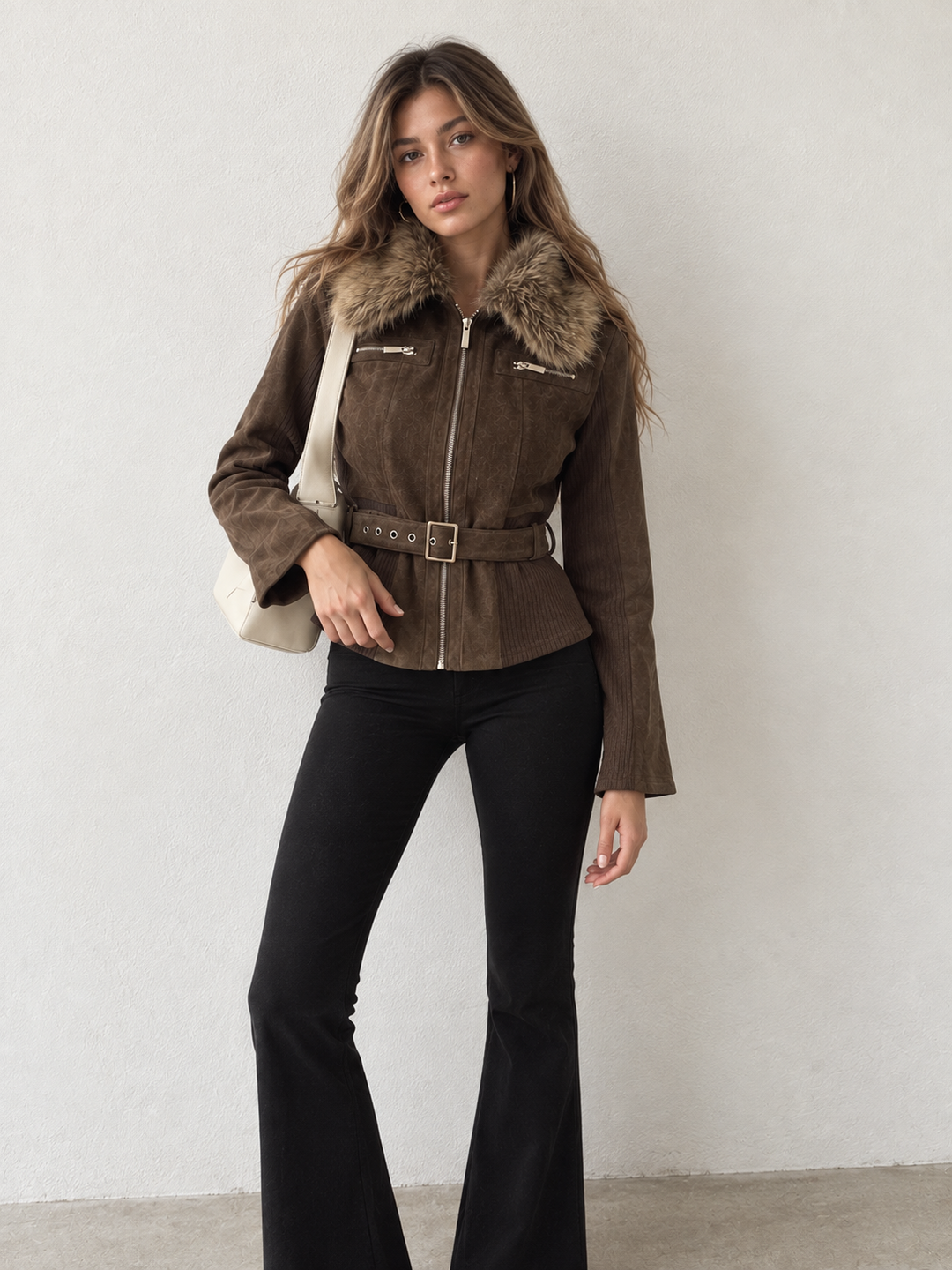 Faux Fur Collar Knit Panel Suede Effect Jacket - women's faux leather jacket, front view
