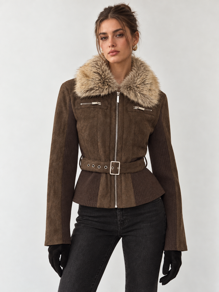 Front view of brown faux suede moto jacket with fur collar and silver buckle belt