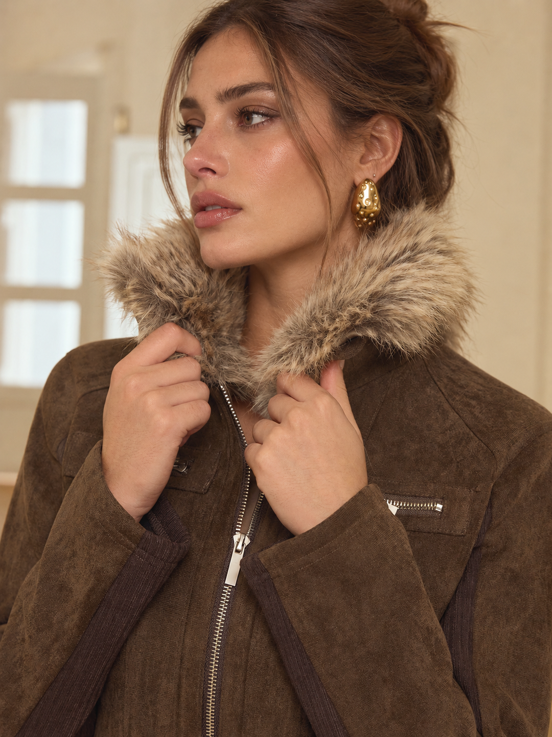 Close-up of the beige faux fur collar and silver zip on a brown suede effect jacket