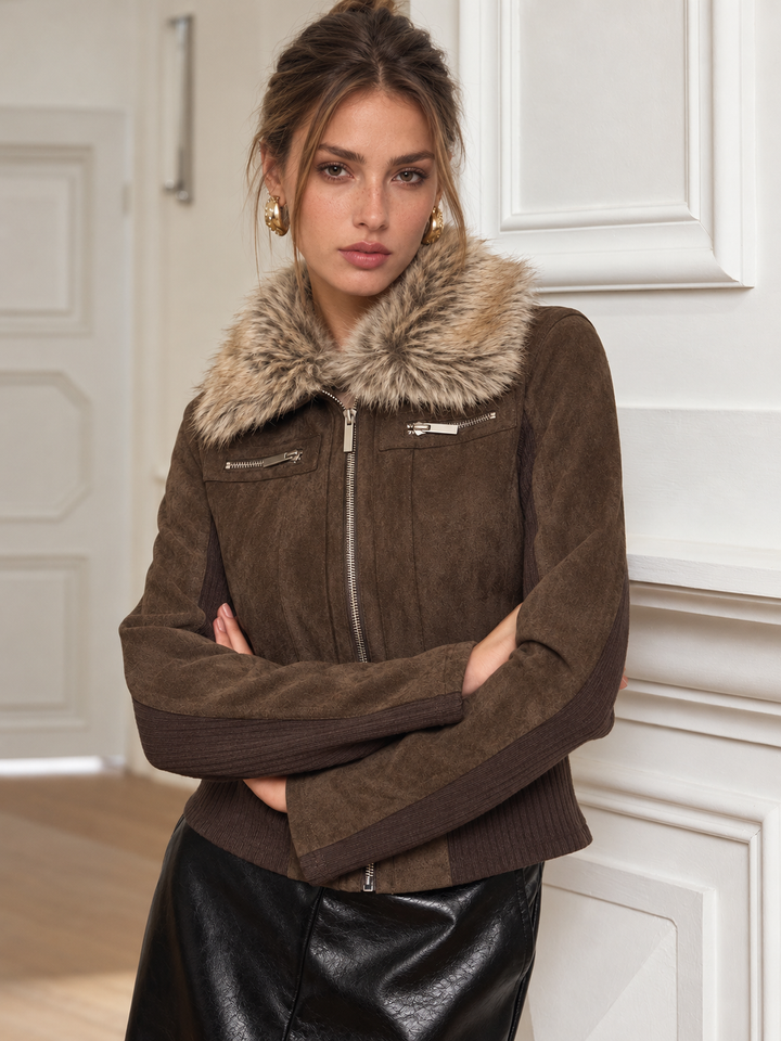 Faux Fur Collar Knit Panel Suede Effect Jacket - women's faux leather jacket, detail close-up