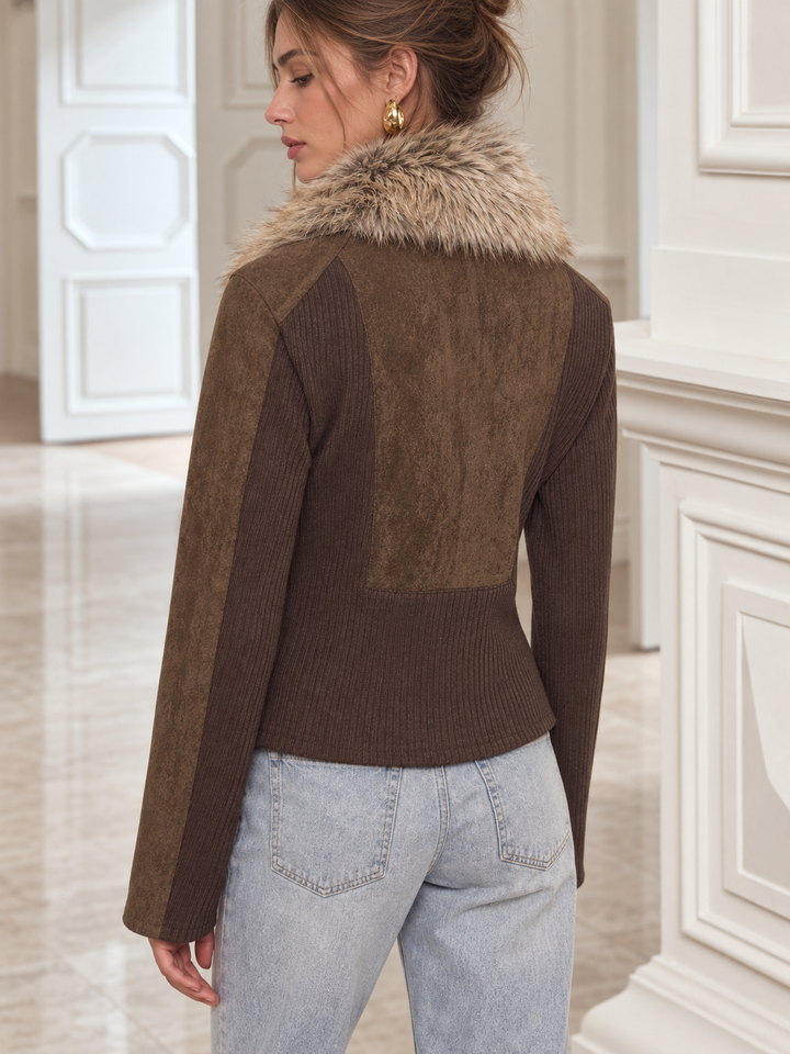 Back view of brown suede jacket showing knit panel insets and faux fur collar