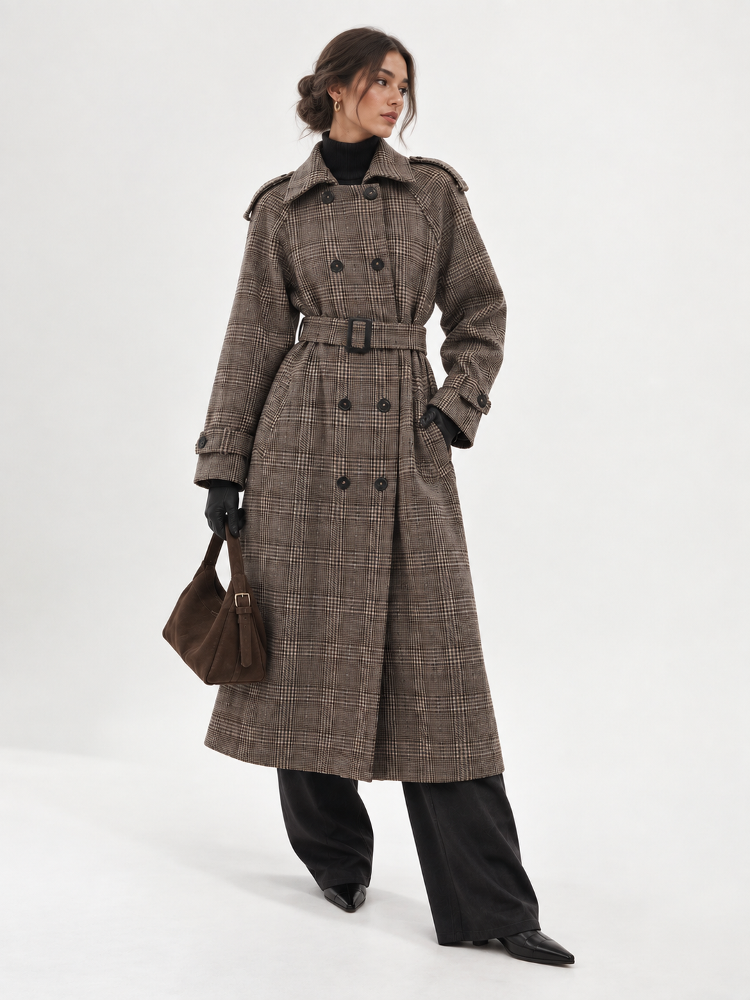 Belted Plaid Double-Breasted Long Trench Coat