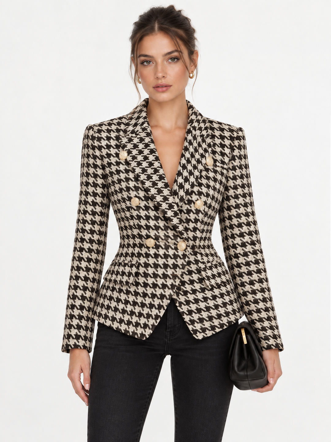 Metal Button Houndstooth Tweed Blazer — women's blazers, front view