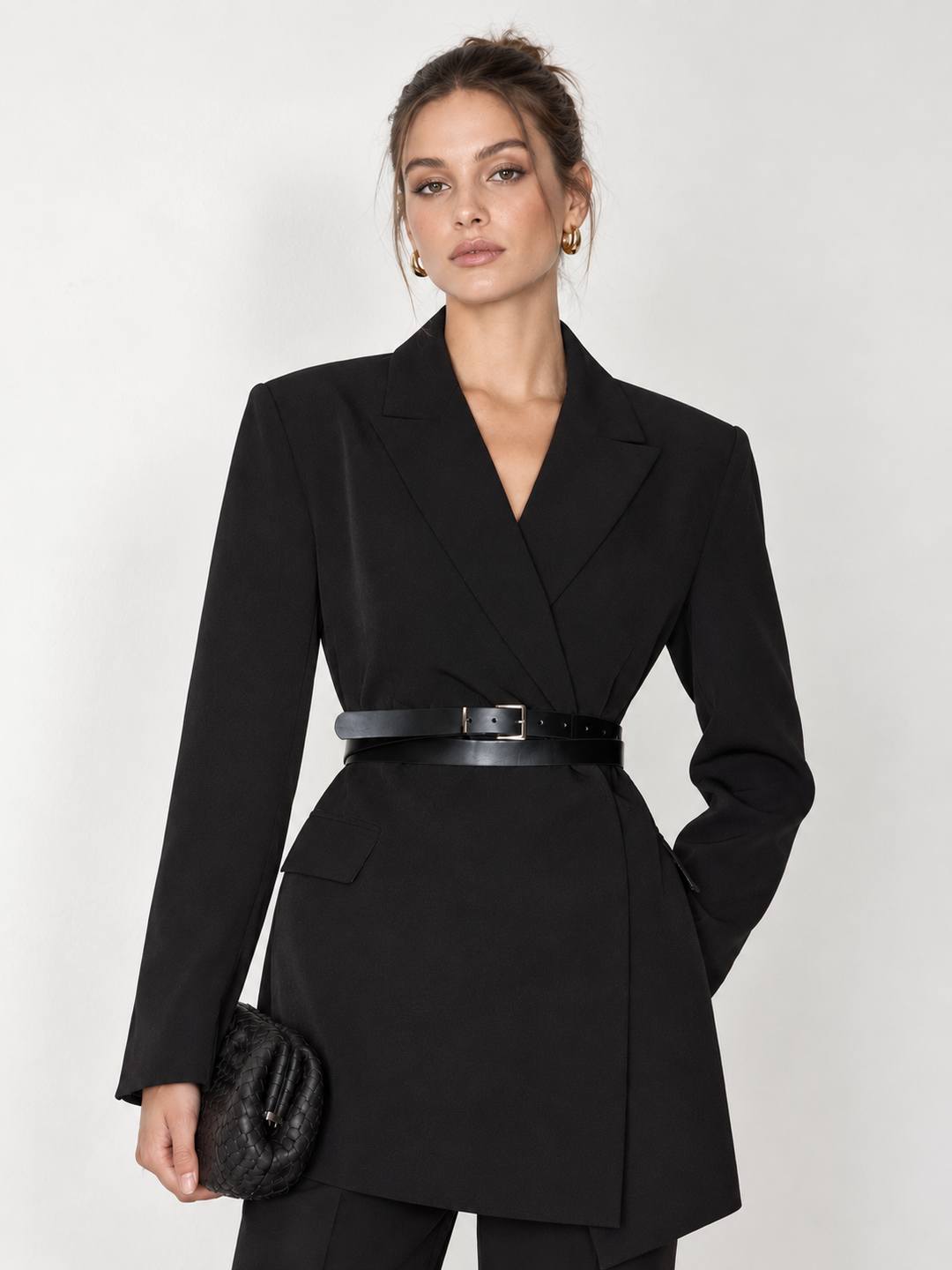 Belted Long Sleeve Lapel Blazer — women's blazers, front view