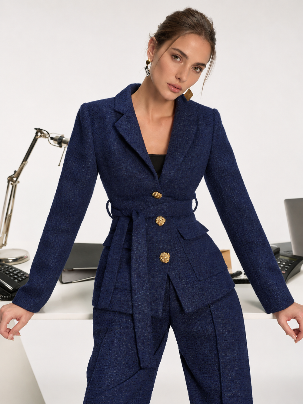 Metal Button Tweed Belted Blazer — women's blazers, back view
