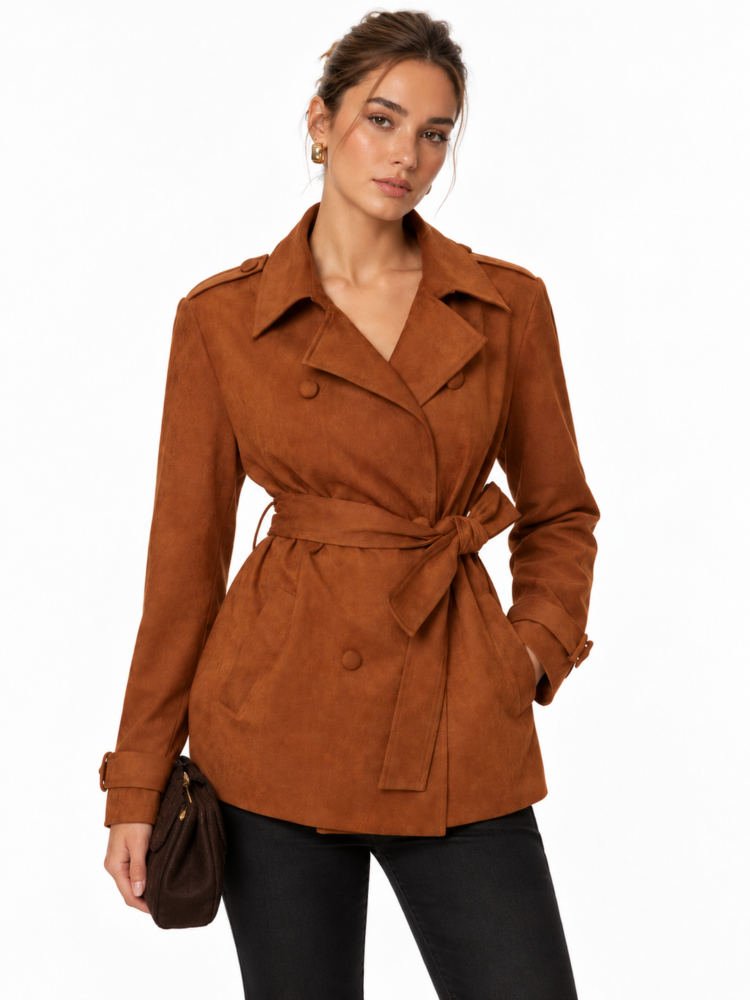 Suede Effect Belted Trench Coat