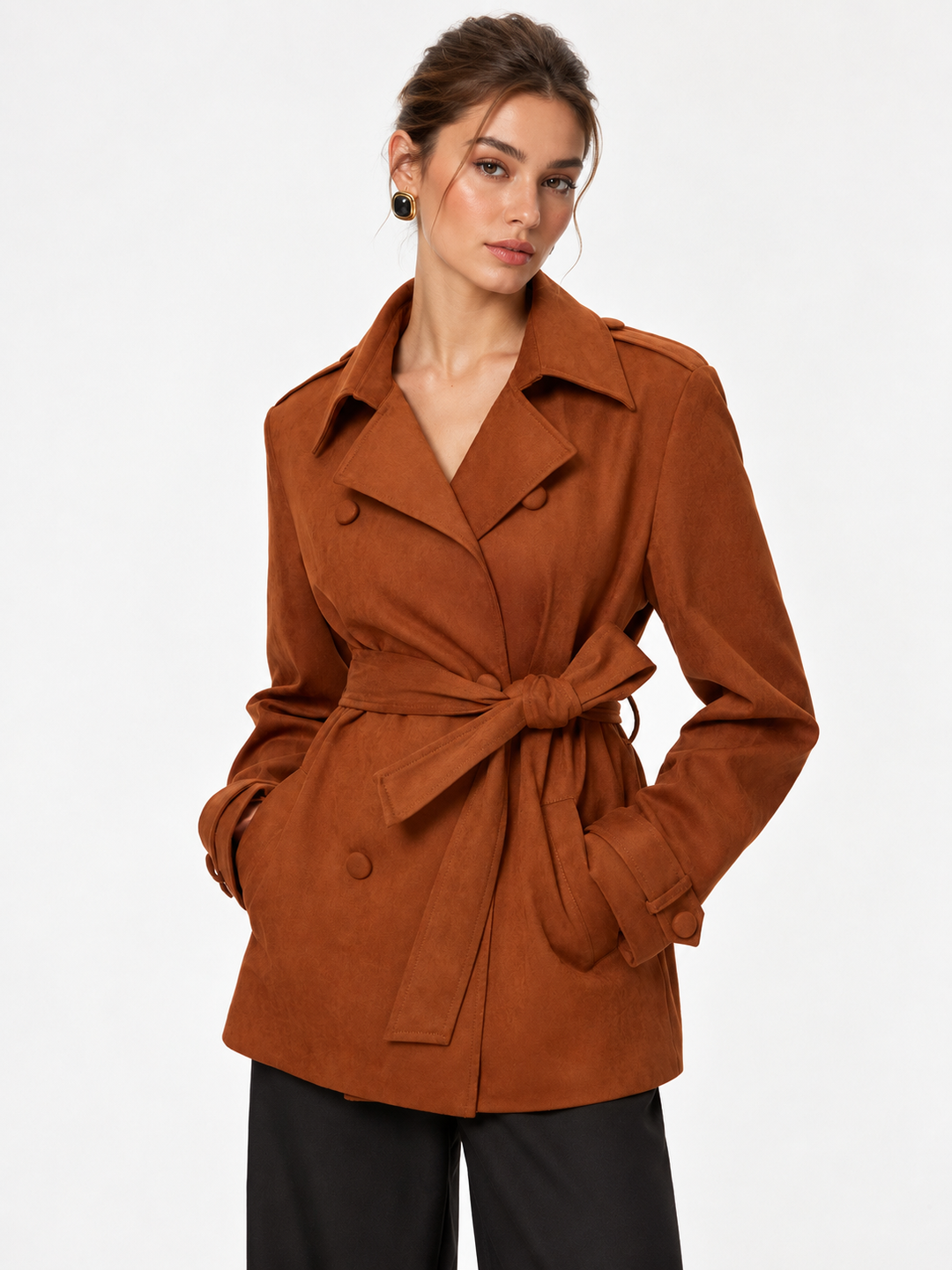 Suede Effect Belted Trench Coat