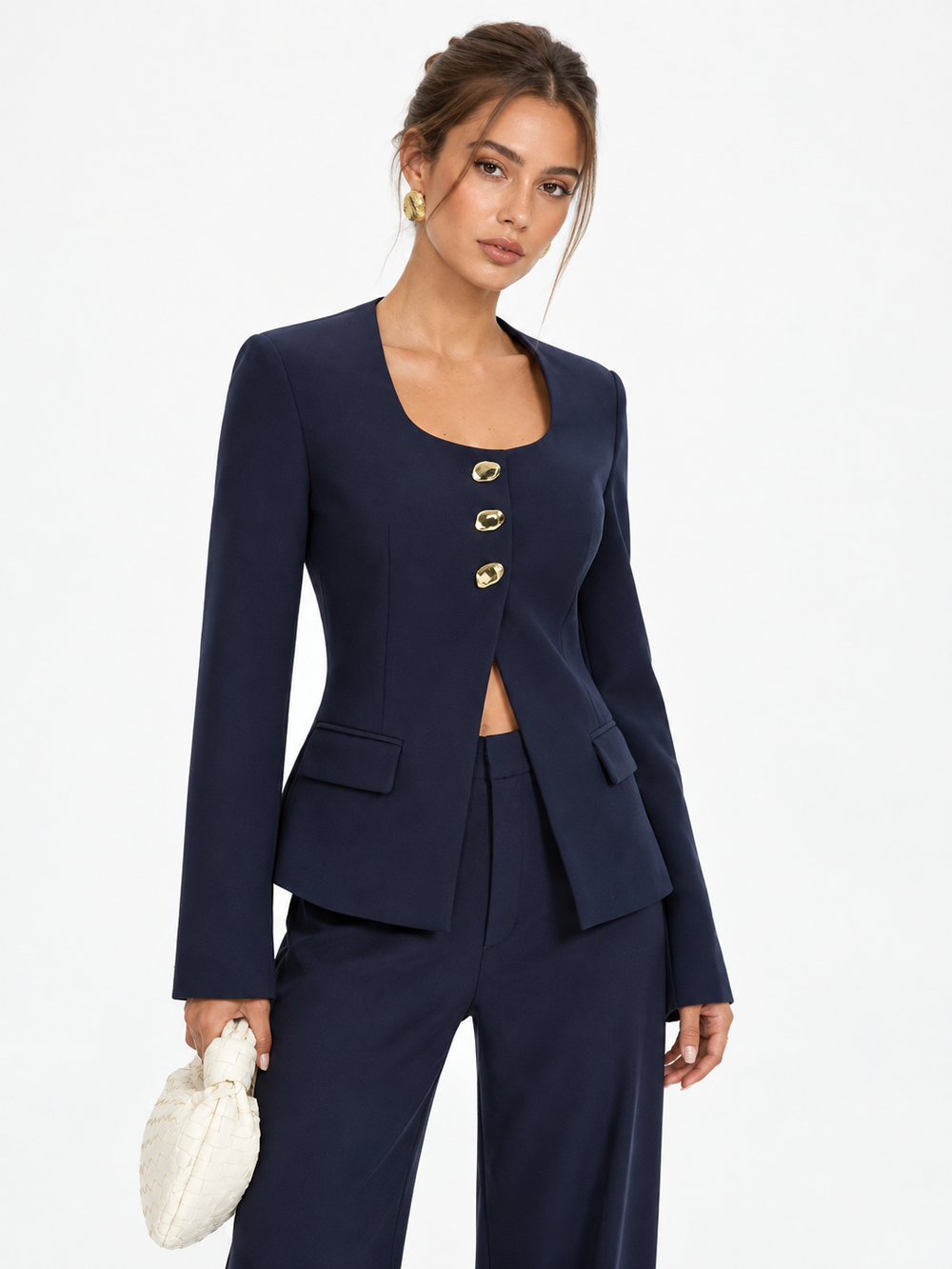Metal Button Square Neck Blazer — women's blazers, back view