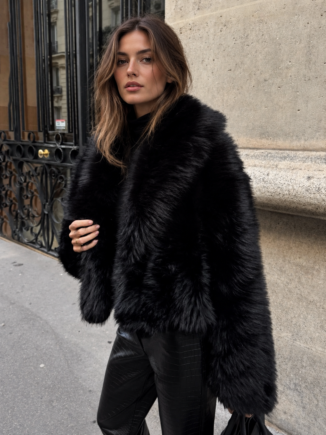Solid Faux Fur Collar Jacket — women's women faux fur coats, front view