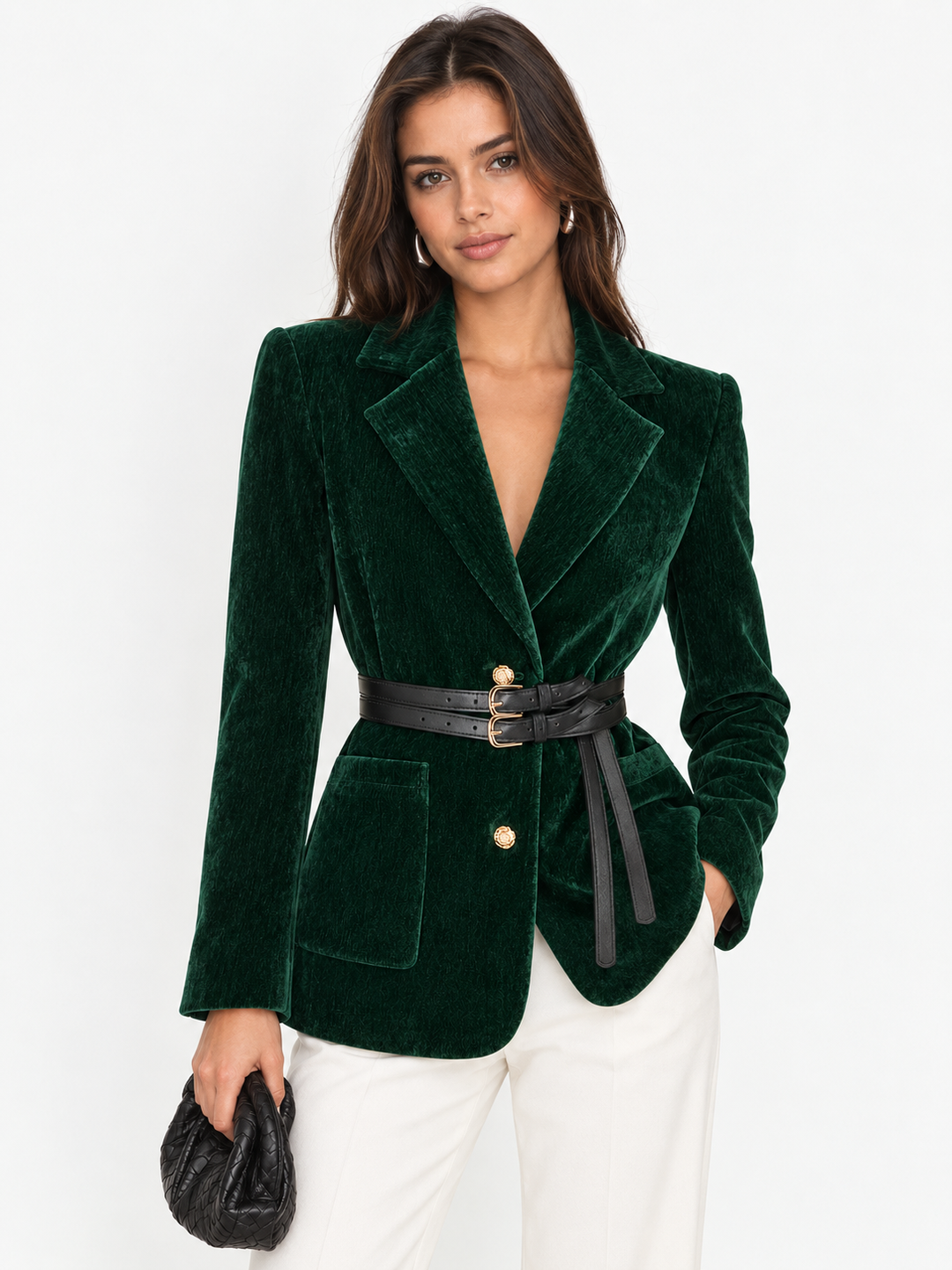 Velvet Belted Metal Button Blazer — women's blazers, front view