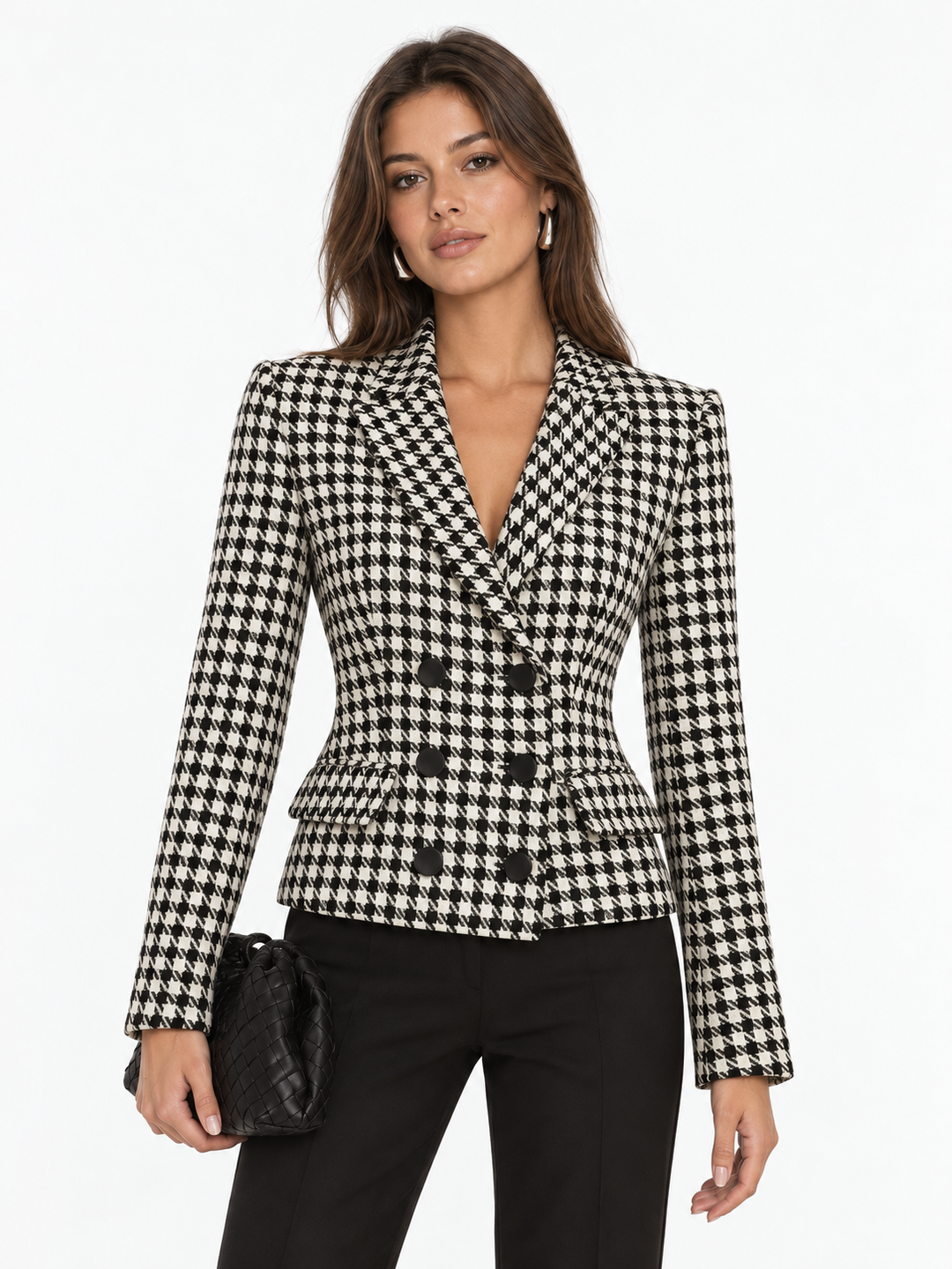 Houndstooth Tweed Double-Breasted Blazer — women's blazers, front view