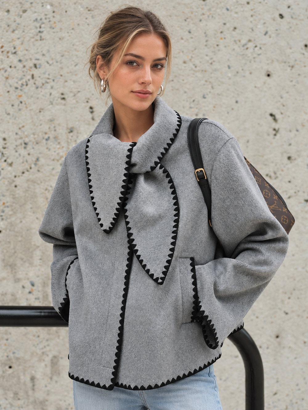 Tweed Contrast-Trim Knot-Collar Coat — women's wool coats, back view
