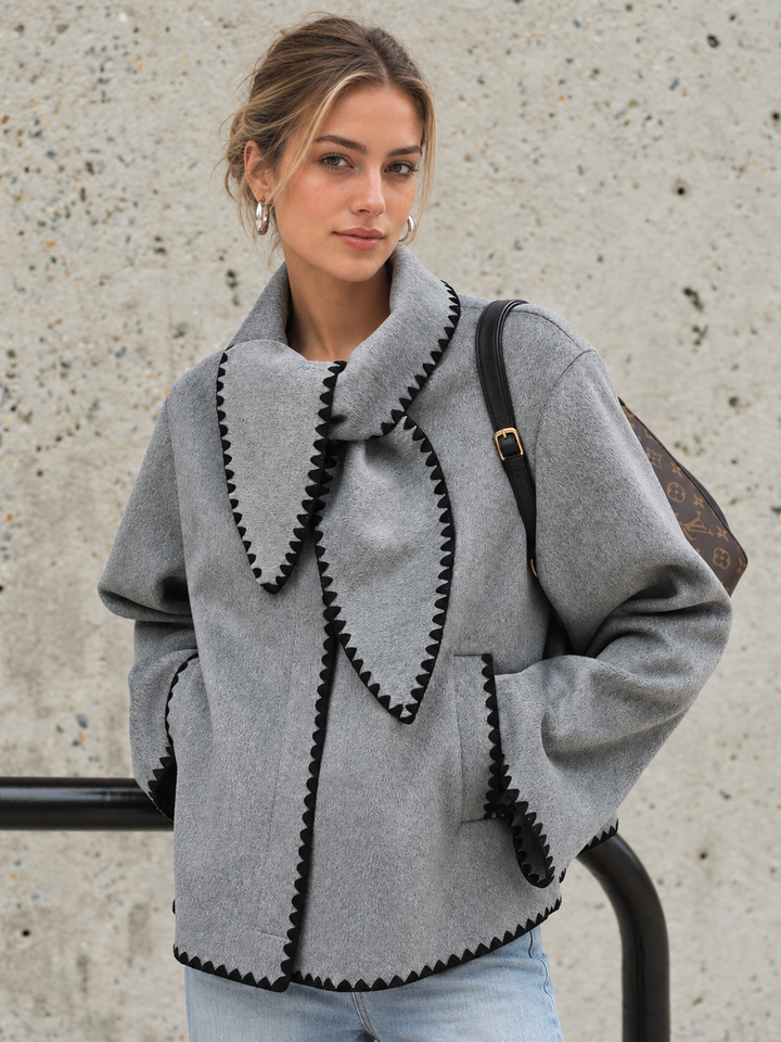 Tweed Contrast-Trim Knot-Collar Coat