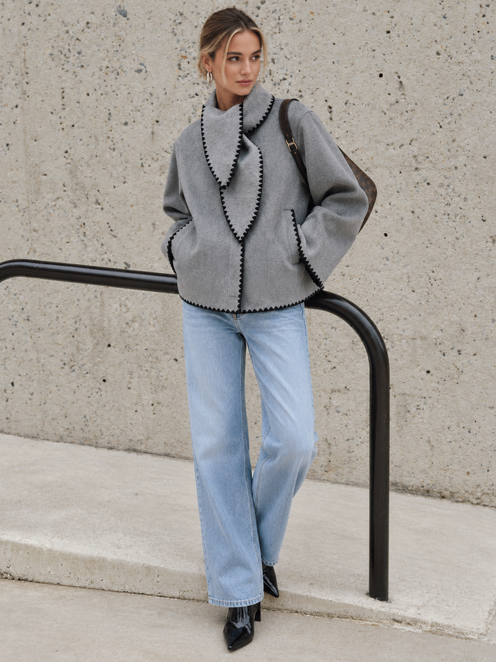 Tweed Contrast-Trim Knot-Collar Coat
