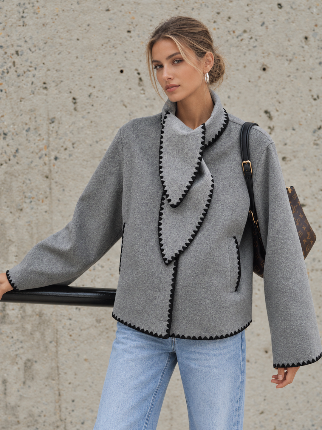 Tweed Contrast-Trim Knot-Collar Coat