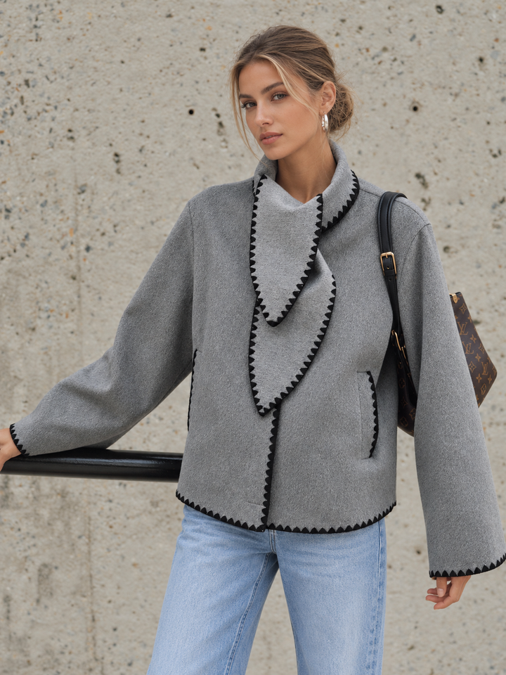 Tweed Contrast-Trim Knot-Collar Coat