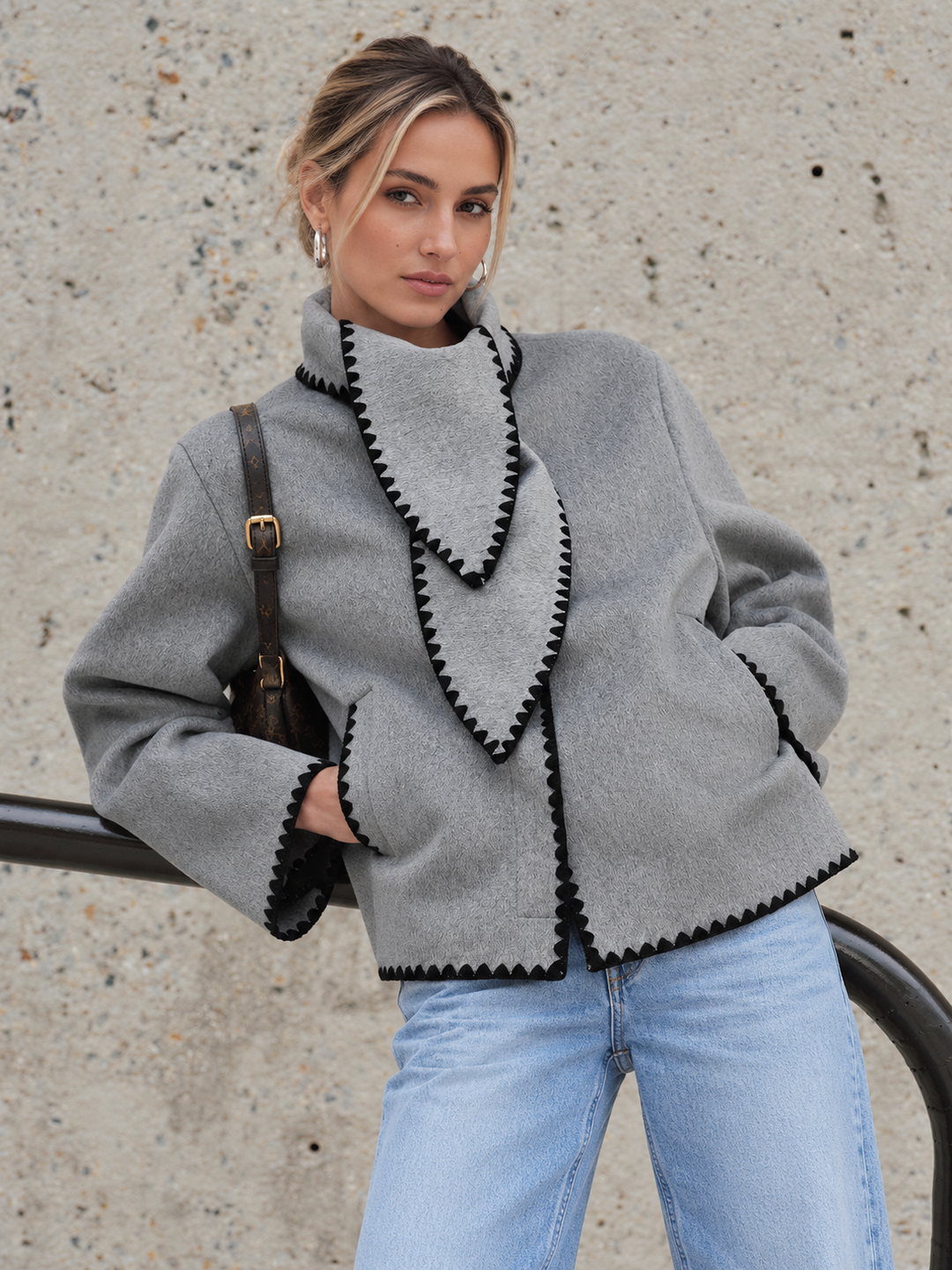 Tweed Contrast-Trim Knot-Collar Coat