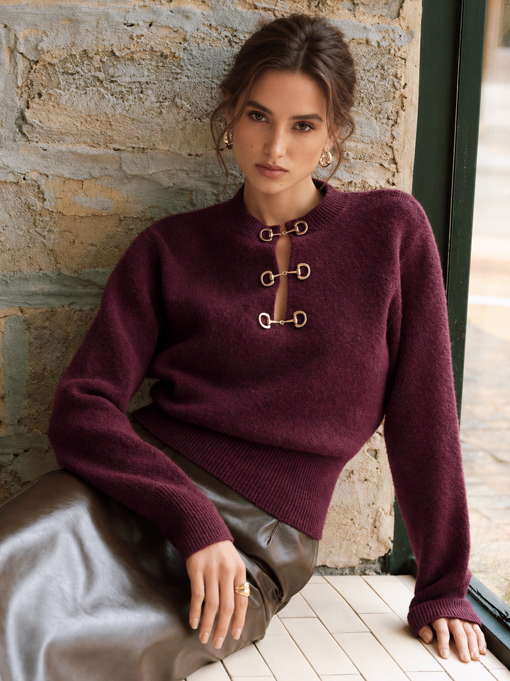 Horsebit Detail Long Sleeve Sweater - women's sweater, front view