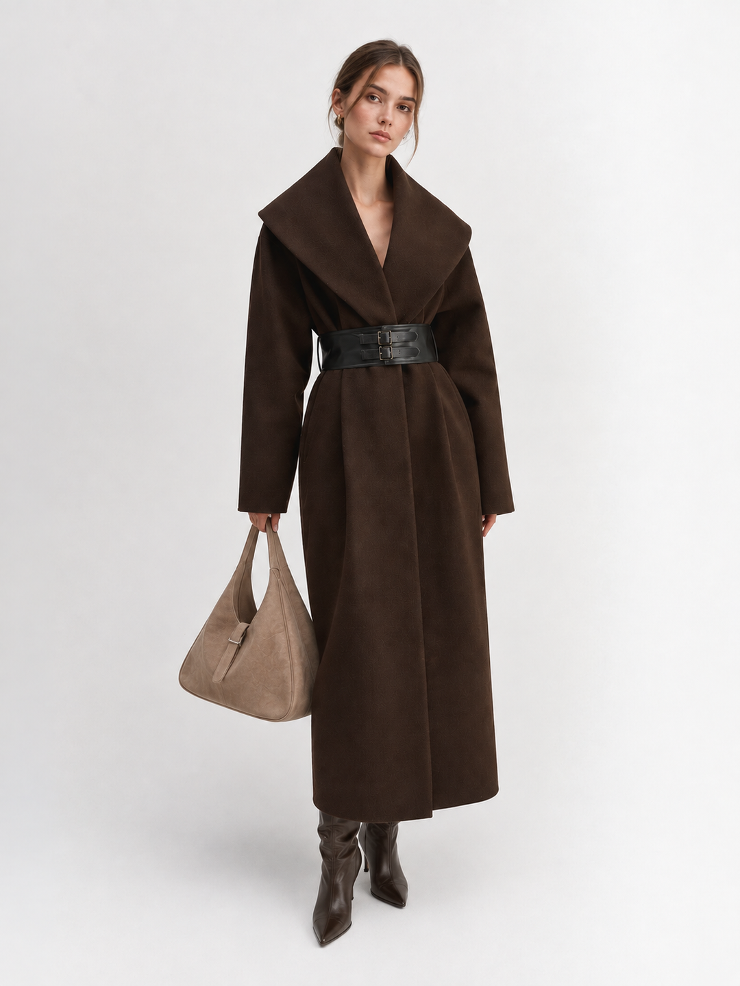 Oversized Collar Tweed Long Coat with Wide Belt - women's wool-blend coat, front view